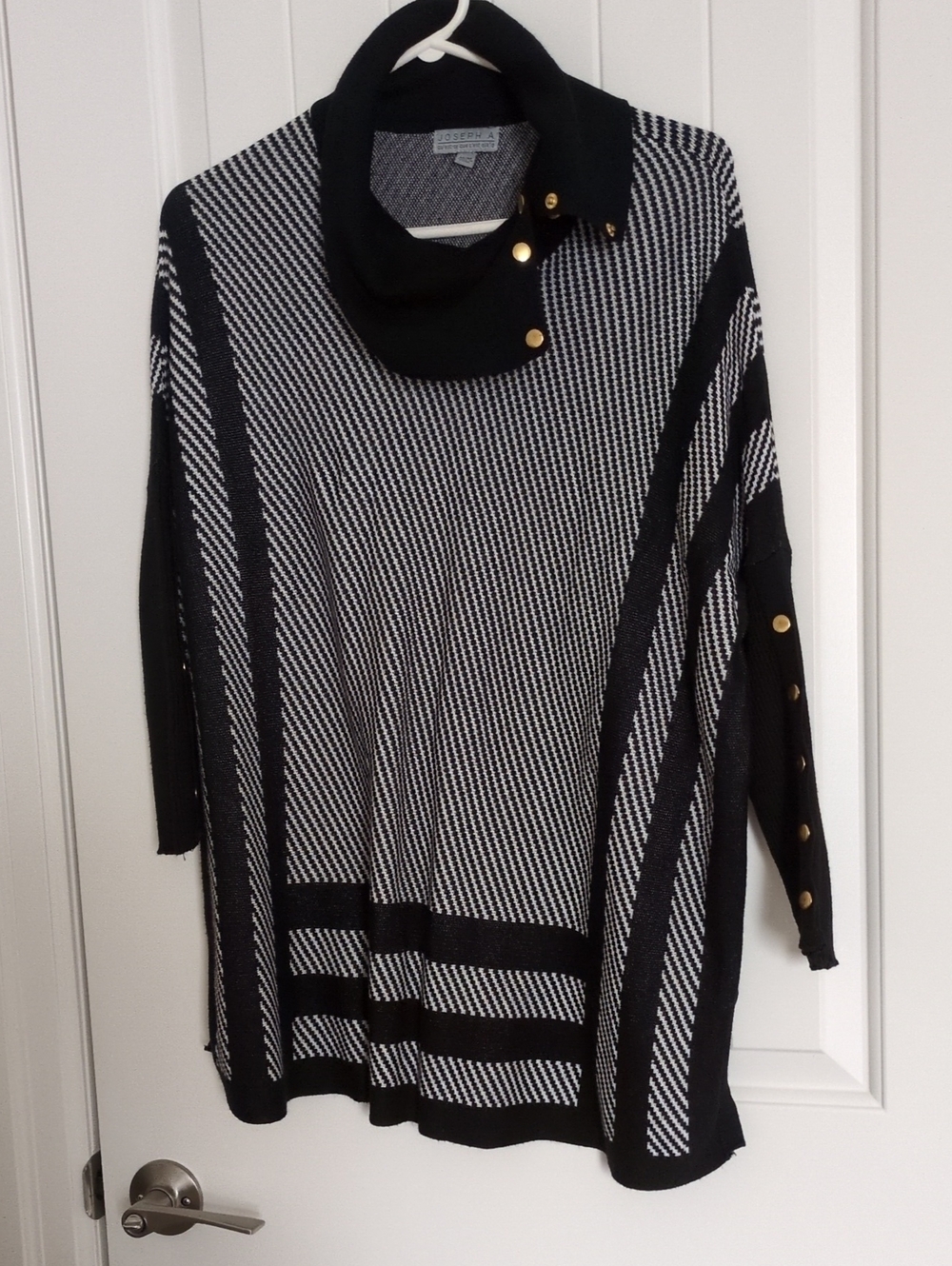 Joseph A Black & White Striped Cowl Neck Sweater with Gold Buttons
